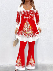 Women's Plus Colorblock Tree Print Long Sleeve Top & Flared Leg Pants Set