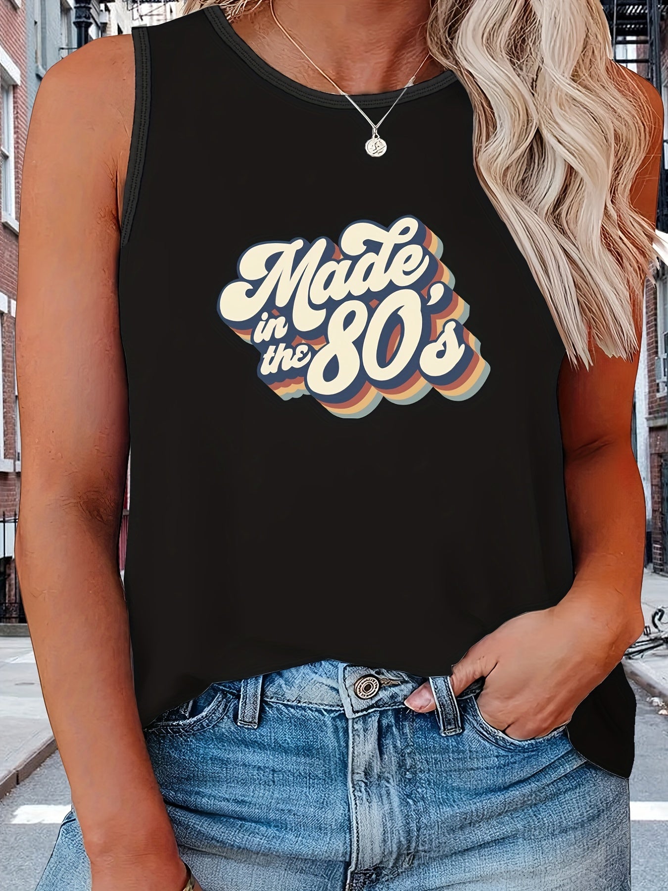  Casual Tank Top Women's Plus Letter Print Round Neck Tank Top