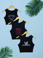 Graphic Print Tank Top 3 Pack Sexy Slim Crew Neck Summer Sleeveless Top Women's