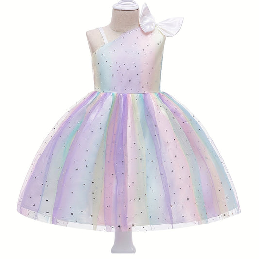 Girl's Princess Dress Sequin One Shoulder Mesh Dress