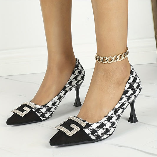 Women's Houndstooth High Heels Rhinestone G Letter Buckle Stiletto Heels
