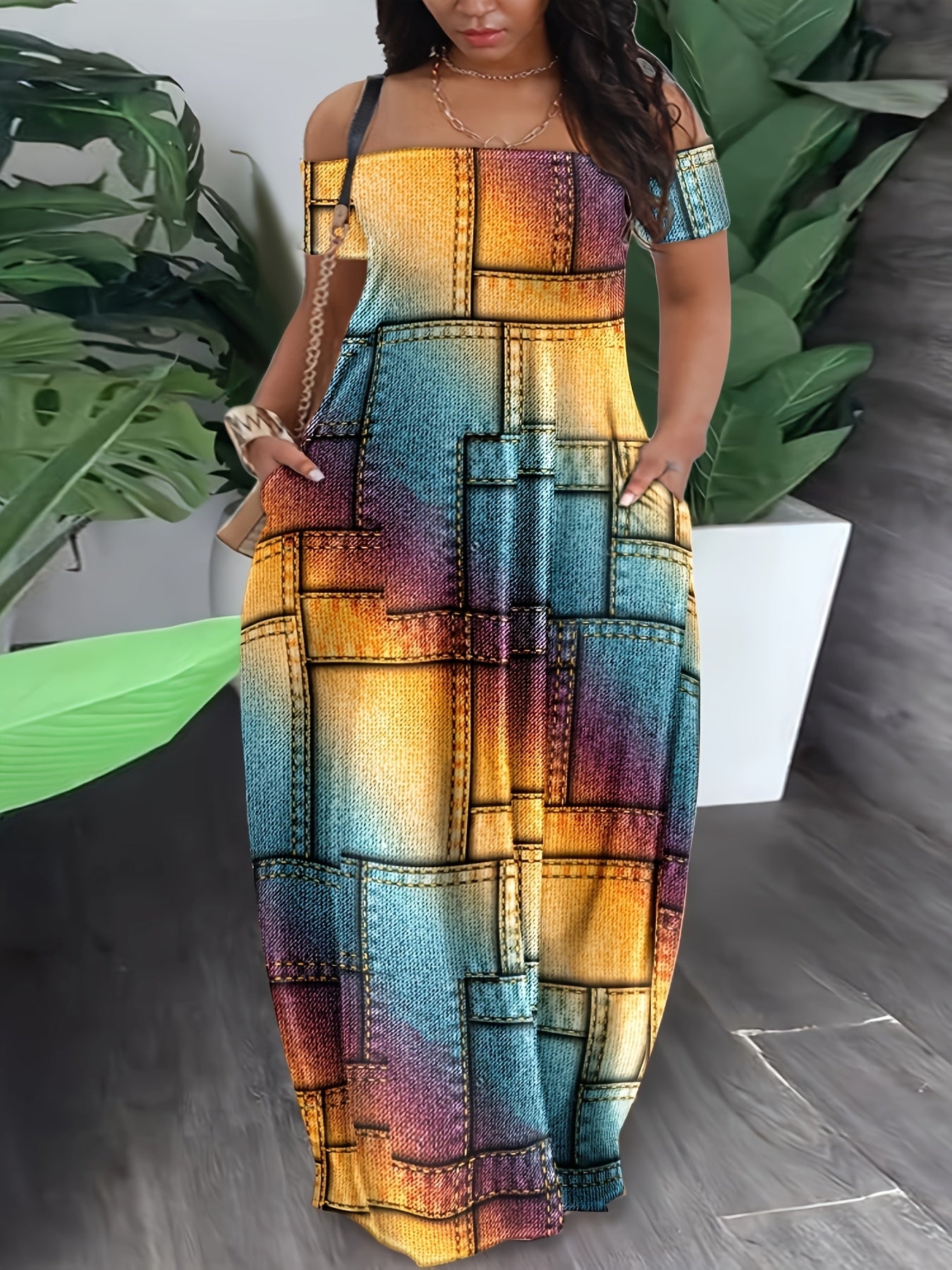  Geometric Print Off Shoulder Maxi Dress with Pockets