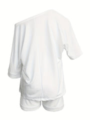 Casual Two Piece Set Slanted Shoulder Short Sleeve Tops & Wide Leg Shorts