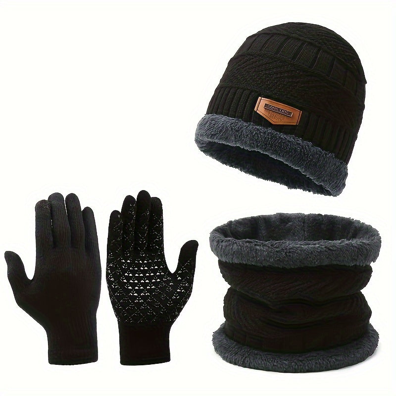 Winter Knit Hat Scarf Gloves Set Fleece Lining Warm Beanie Touch Screen Gloves