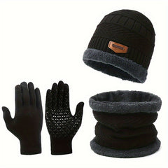 Winter Knit Hat Scarf Gloves Set Fleece Lining Warm Beanie Touch Screen Gloves