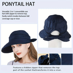 Bowknot Visor Hat Zipper Detachable Top Ponytail Sun Hat UV Protection