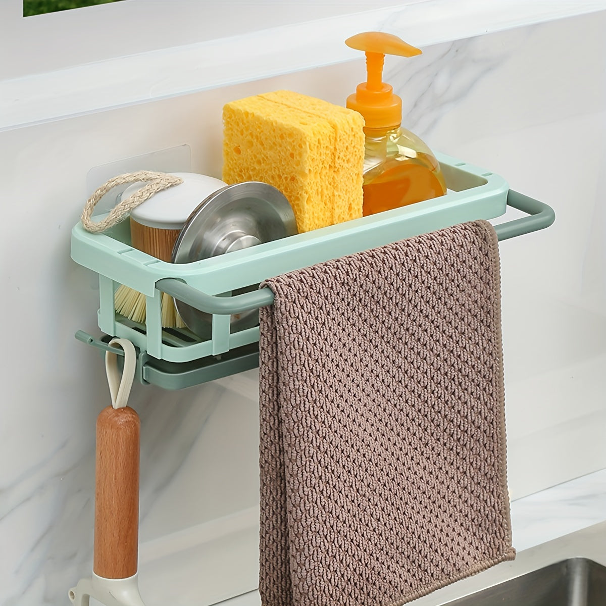 Sponge Holder for Kitchen Sink with Dish Brush Holder and Cloth Hanger