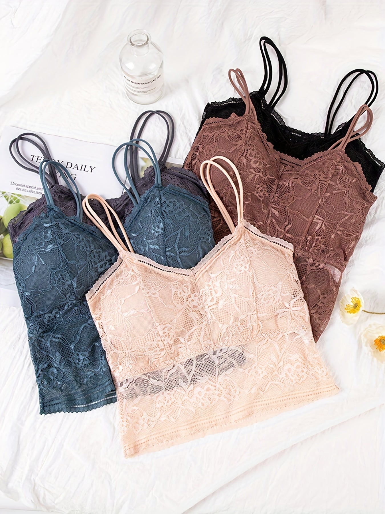 5pcs Floral Lace Wireless Bras Double Straps Women's Lingerie
