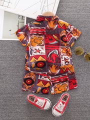 Boys Flower Print Casual Outfit Short Sleeves Shirt & Shorts Set