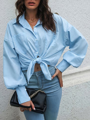  Solid Lantern Sleeve Button Up Lapel Collar Tunic Shirt Top