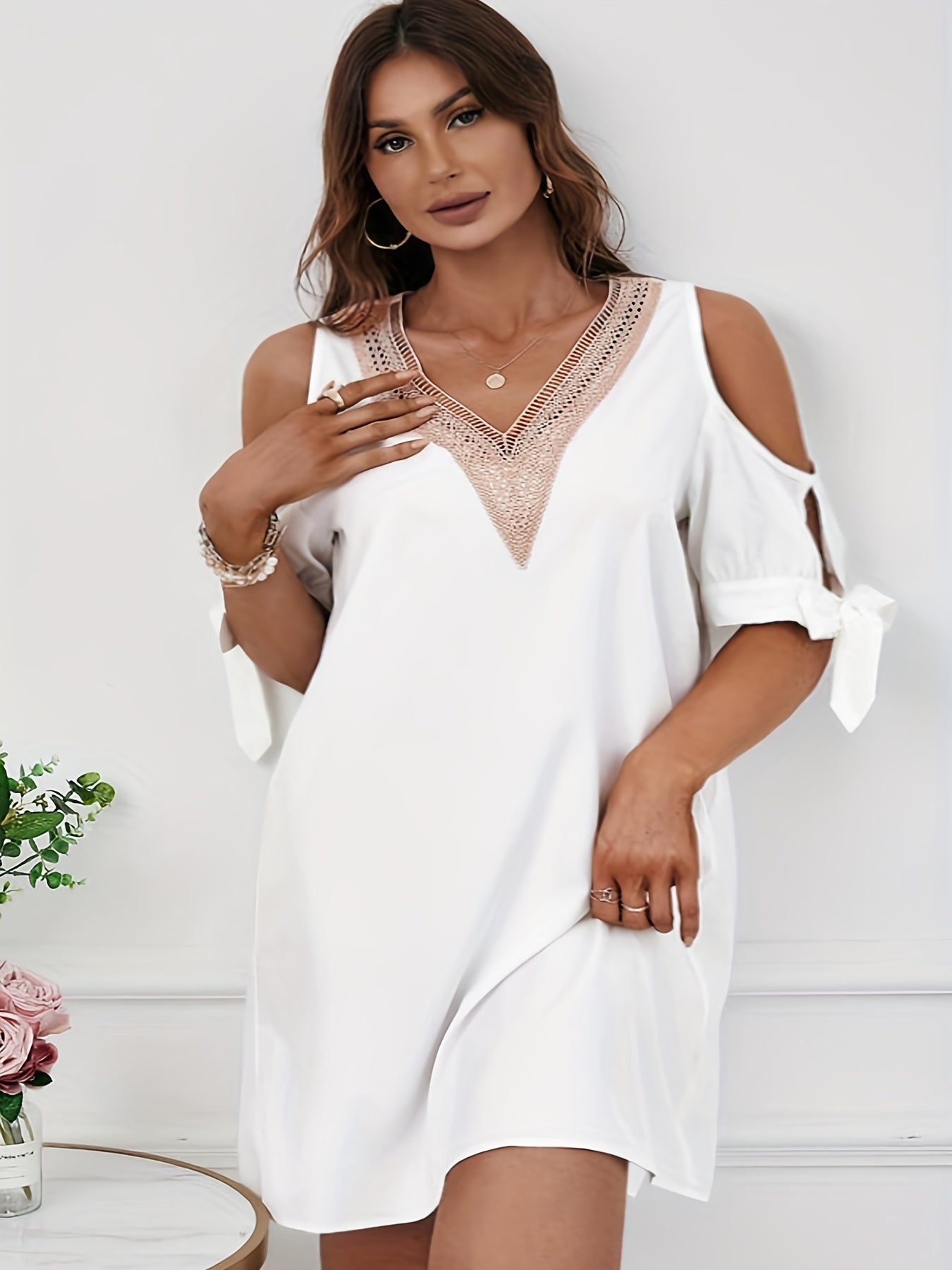  Boho Dress Women's Plus Contrast Panel Cold Shoulder Dress