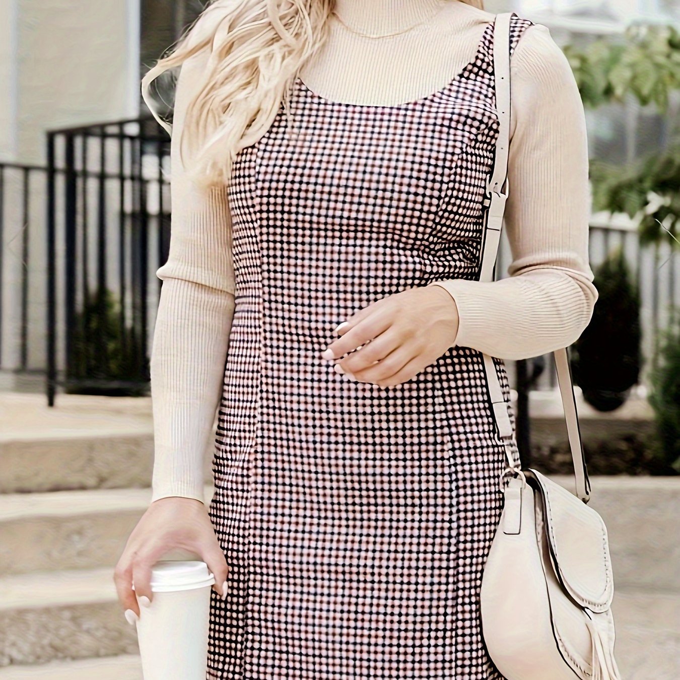  Plaid Print Round Neck Mini Tank Dress