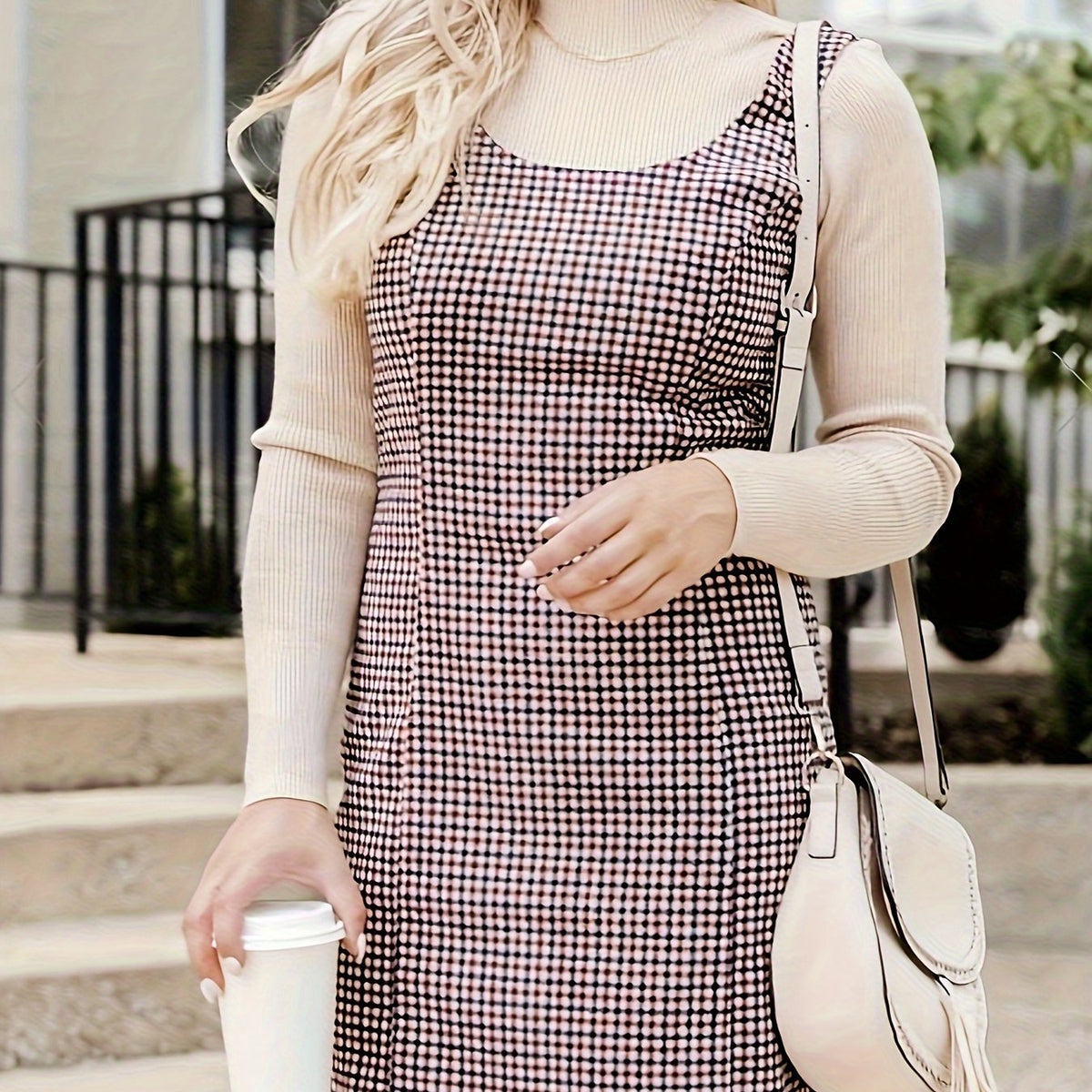  Plaid Print Round Neck Mini Tank Dress