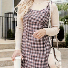  Plaid Print Round Neck Mini Tank Dress