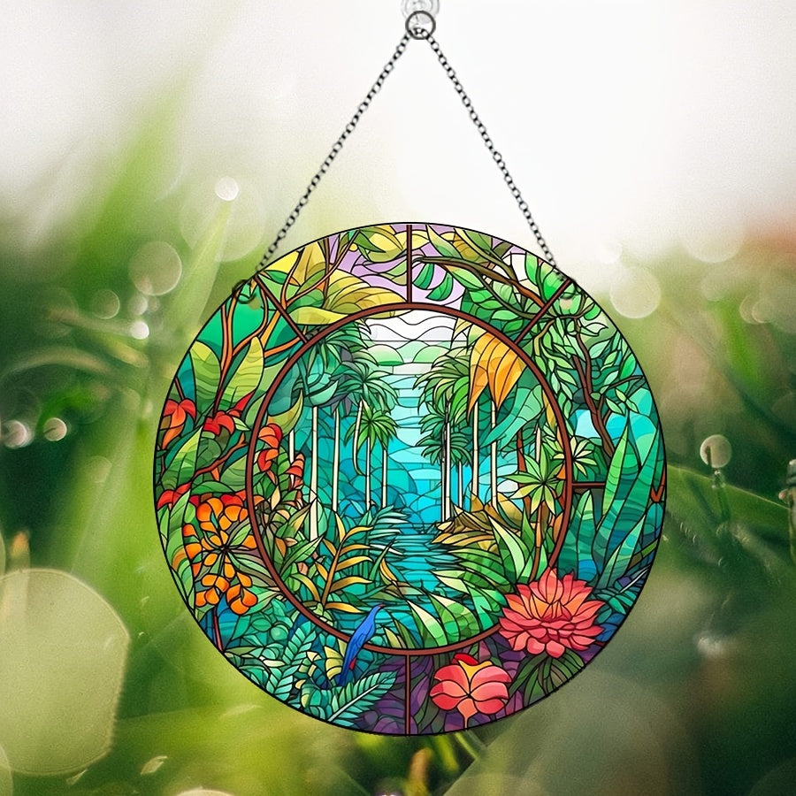 Acrylic Glass Coconut Tree Disc Ornament Jungle Flowers Plants Retro