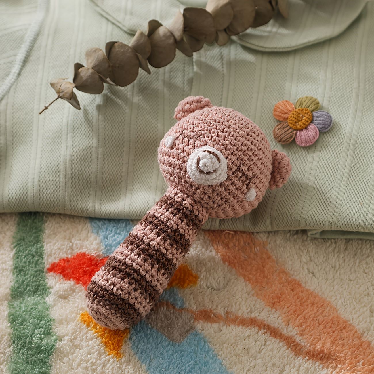 Crochet Bear Rattle Teether Toy Knitted Brown Animal Doll Built in Bell