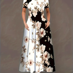  Colorblock Floral Print A Line Dress With Pockets