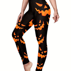 Women's Plus Pumpkin Face Print High Rise Skinny Yoga Pants