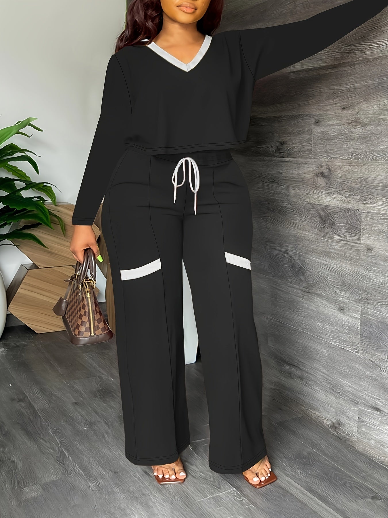  V Neck Tee & Drawstring Pants Two Piece Set