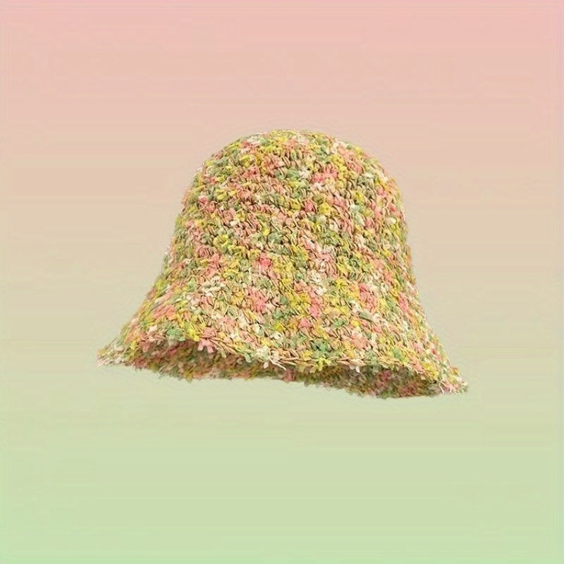 Colorful Straw Bucket Hat Boho Crochet Sunshade Cloche Hats