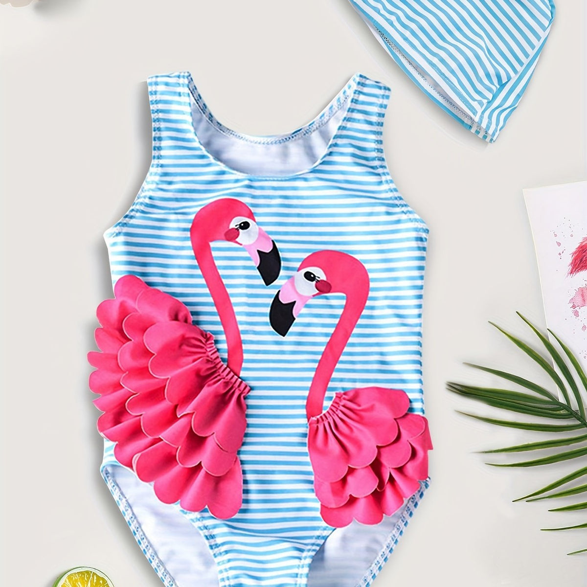 Girl's Flamingo Stripe Swimsuit with Cap