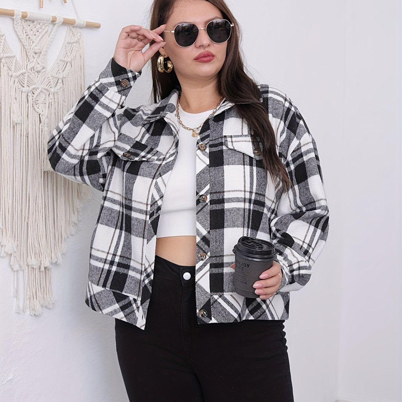  Plaid Print Button Up Long Sleeve Shacket