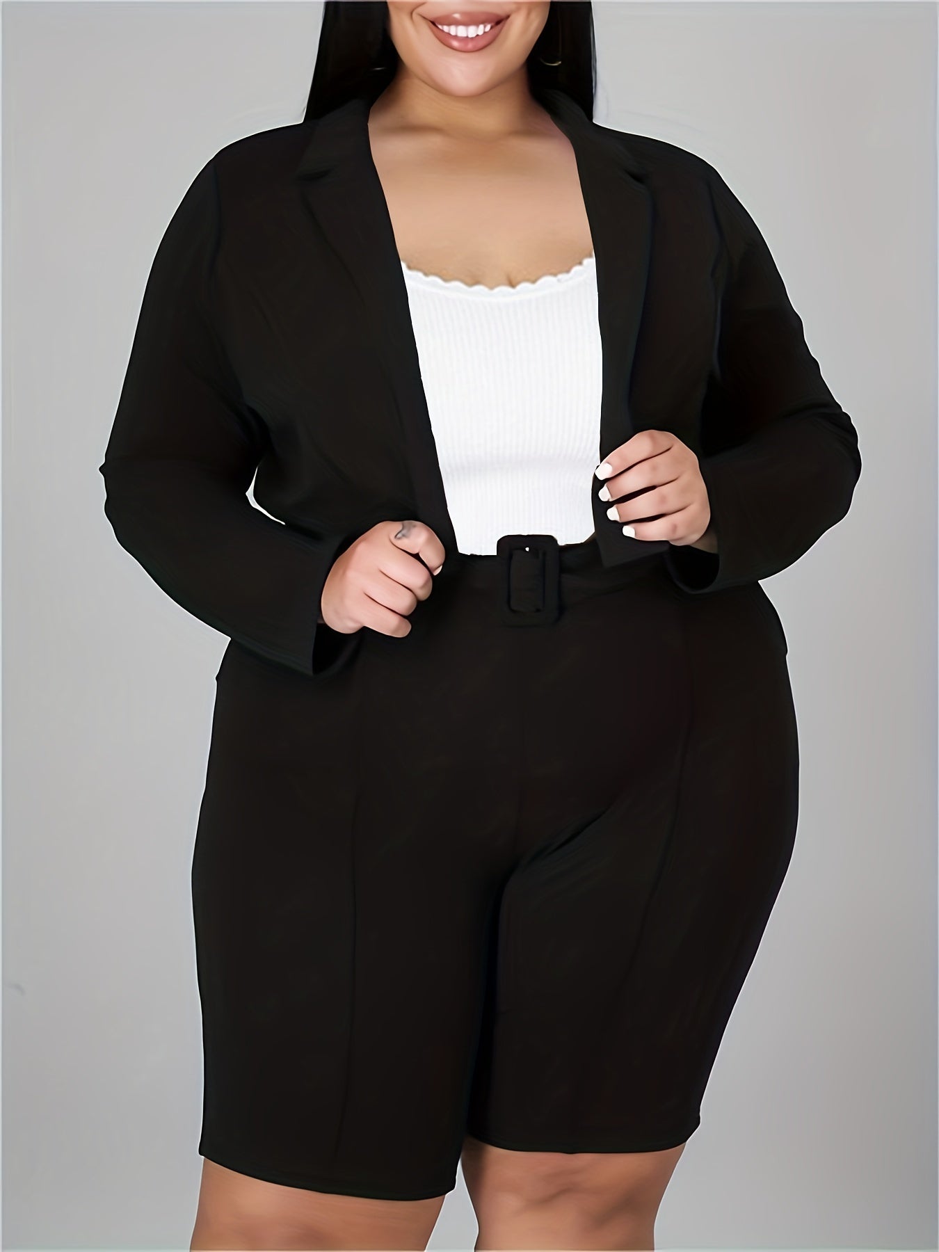  Solid Lapel Collar Blazer & Belted Pants Suit Set