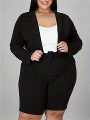  Solid Lapel Collar Blazer & Belted Pants Suit Set