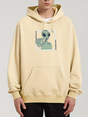 Men's Alien Print Hooded Sweatshirt Long Sleeve Drawstrings