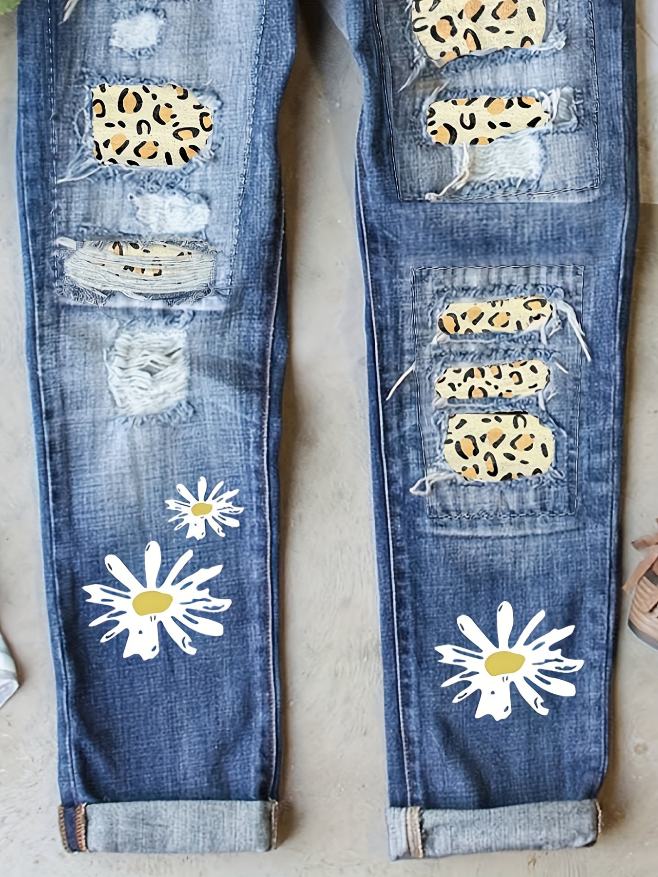  Daisy Print Leopard Patched Ripped Button Fly Jeans