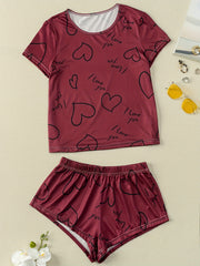 Heart Print Pajama Set Short Sleeve Crew Neck Top & Cozy Shorts