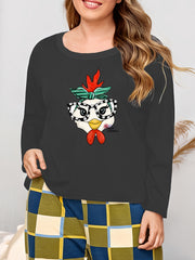 Plus Size Chicken Print Long Sleeve Pajama Top