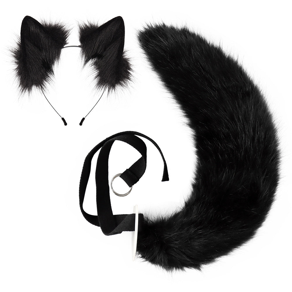 Fox Wolf Beast Ear Hair Hoop Cosplay Tail Set Halloween Furry Plush Gift