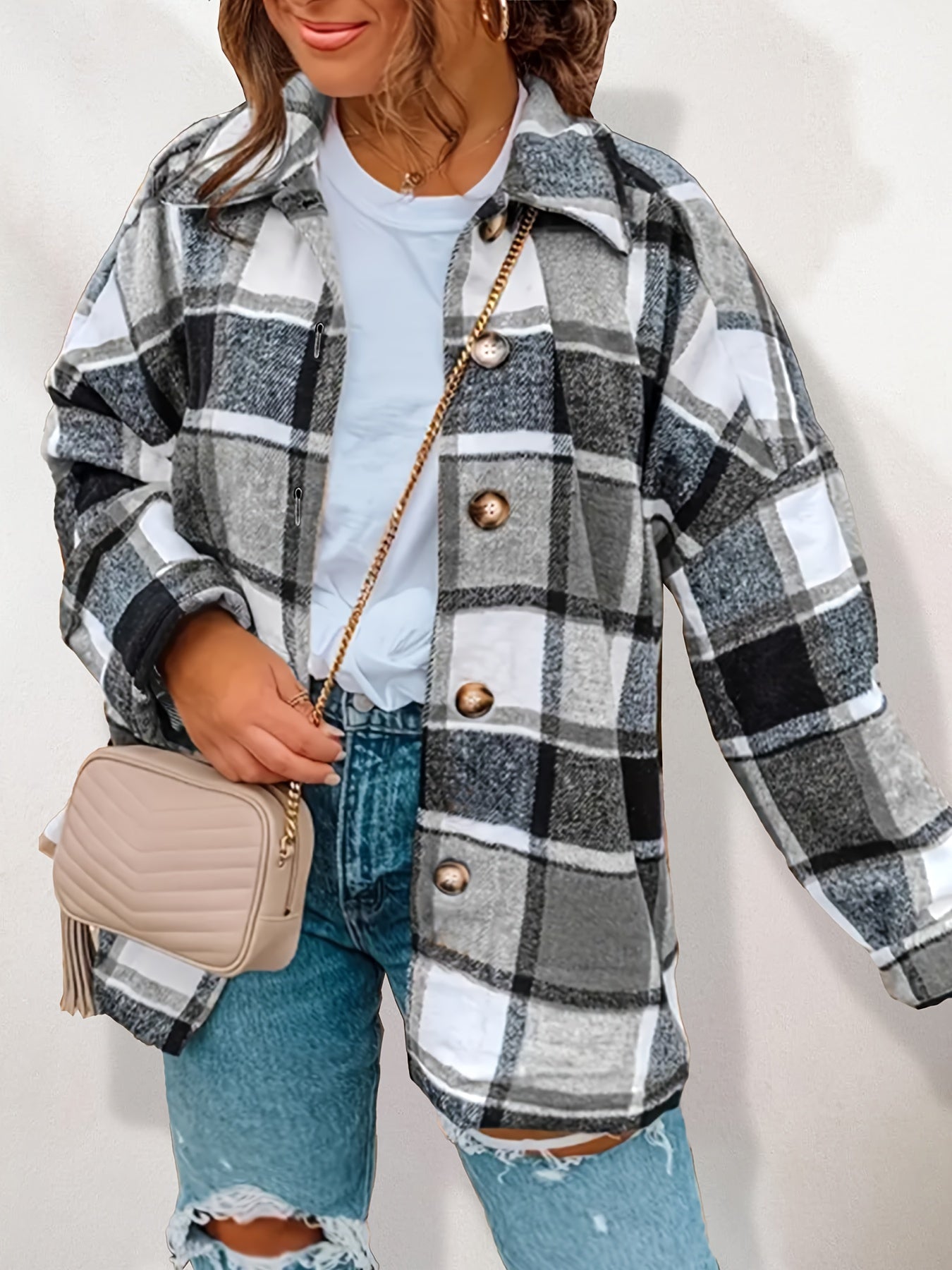  Plaid Button Up Long Sleeve Shacket