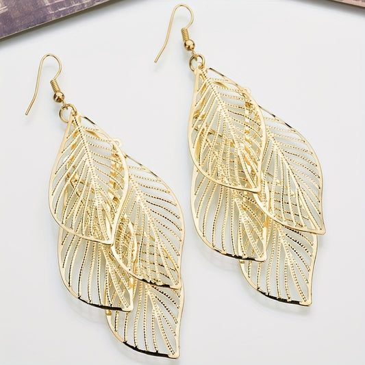 Hollow Leaf Pendant Golden Dangle Earrings Retro Boho Style