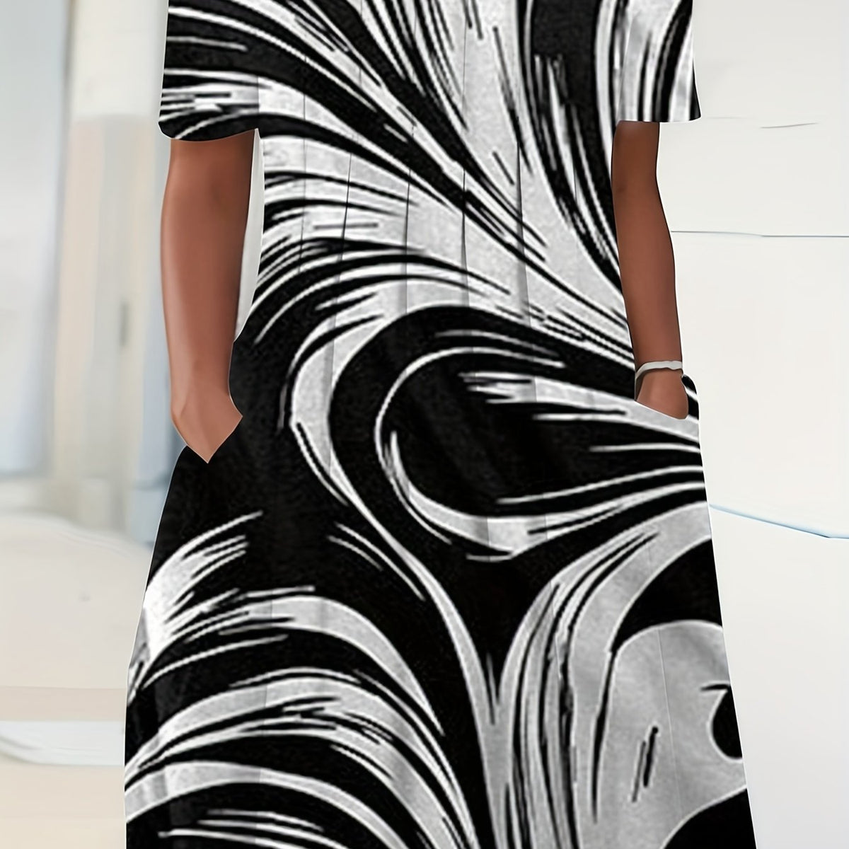  Casual Dress Random Print Short Sleeve Pleated Dress With Pockets