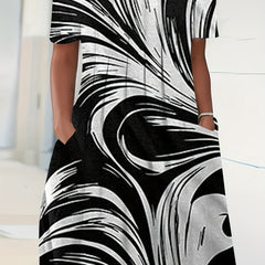  Casual Dress Random Print Short Sleeve Pleated Dress With Pockets