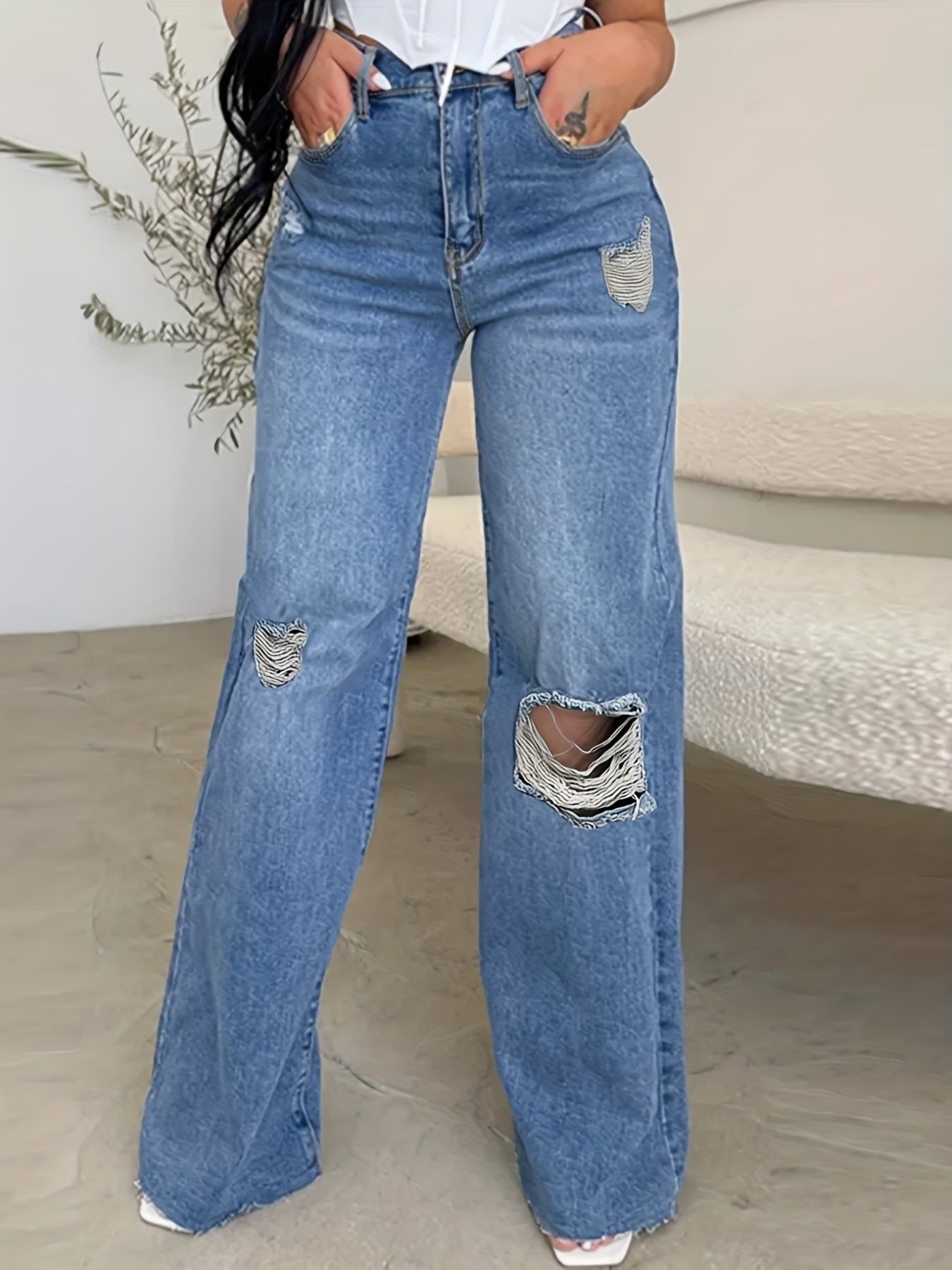  Ripped High Rise Wide Leg Jeans