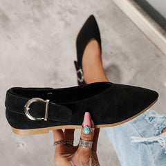 Women's Pointed Toe V-cut Loafers with Metal Buckle Strap