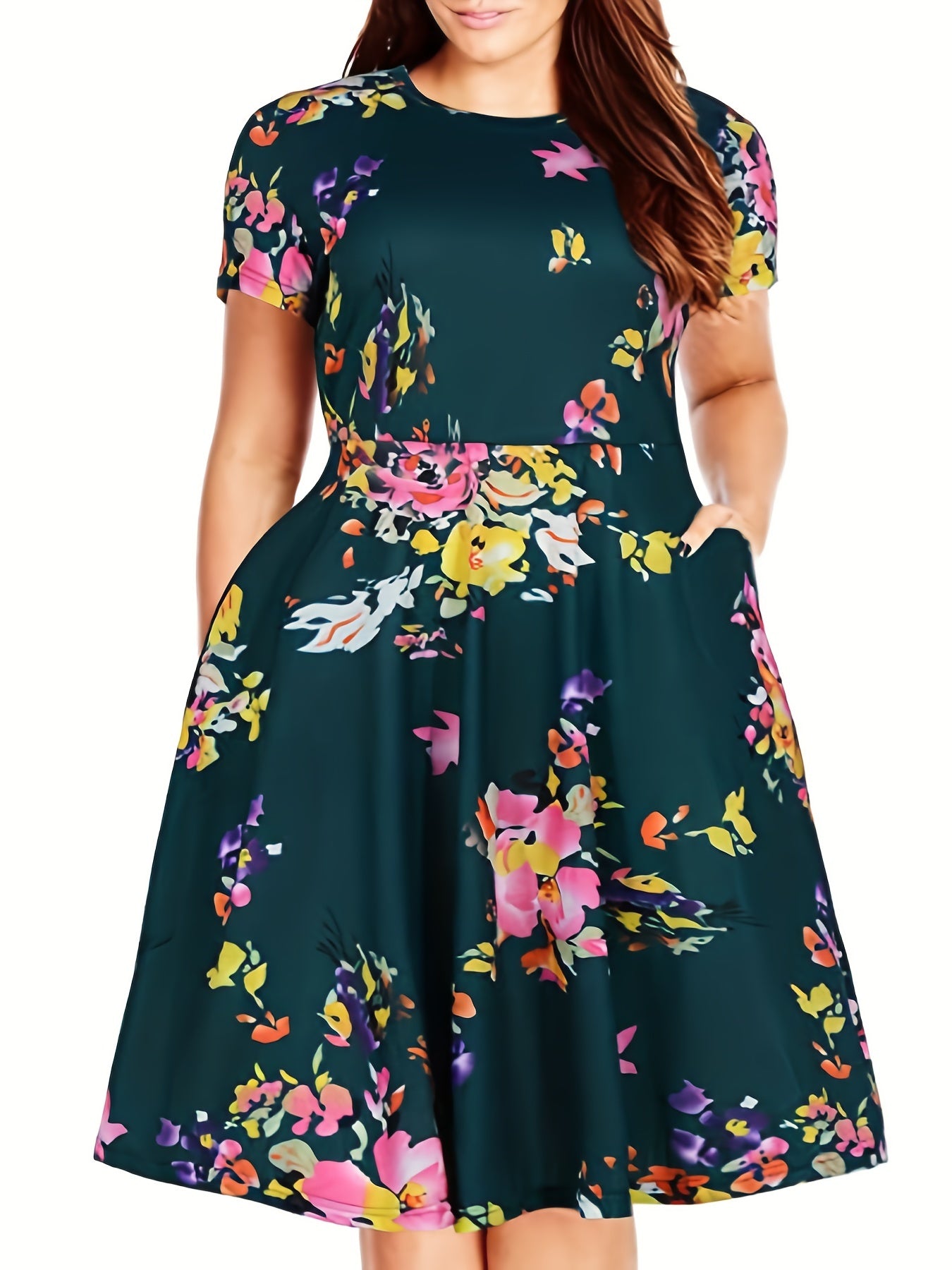  Floral Print Short Sleeve Casual Dress With Pockets