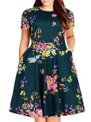  Floral Print Short Sleeve Casual Dress With Pockets