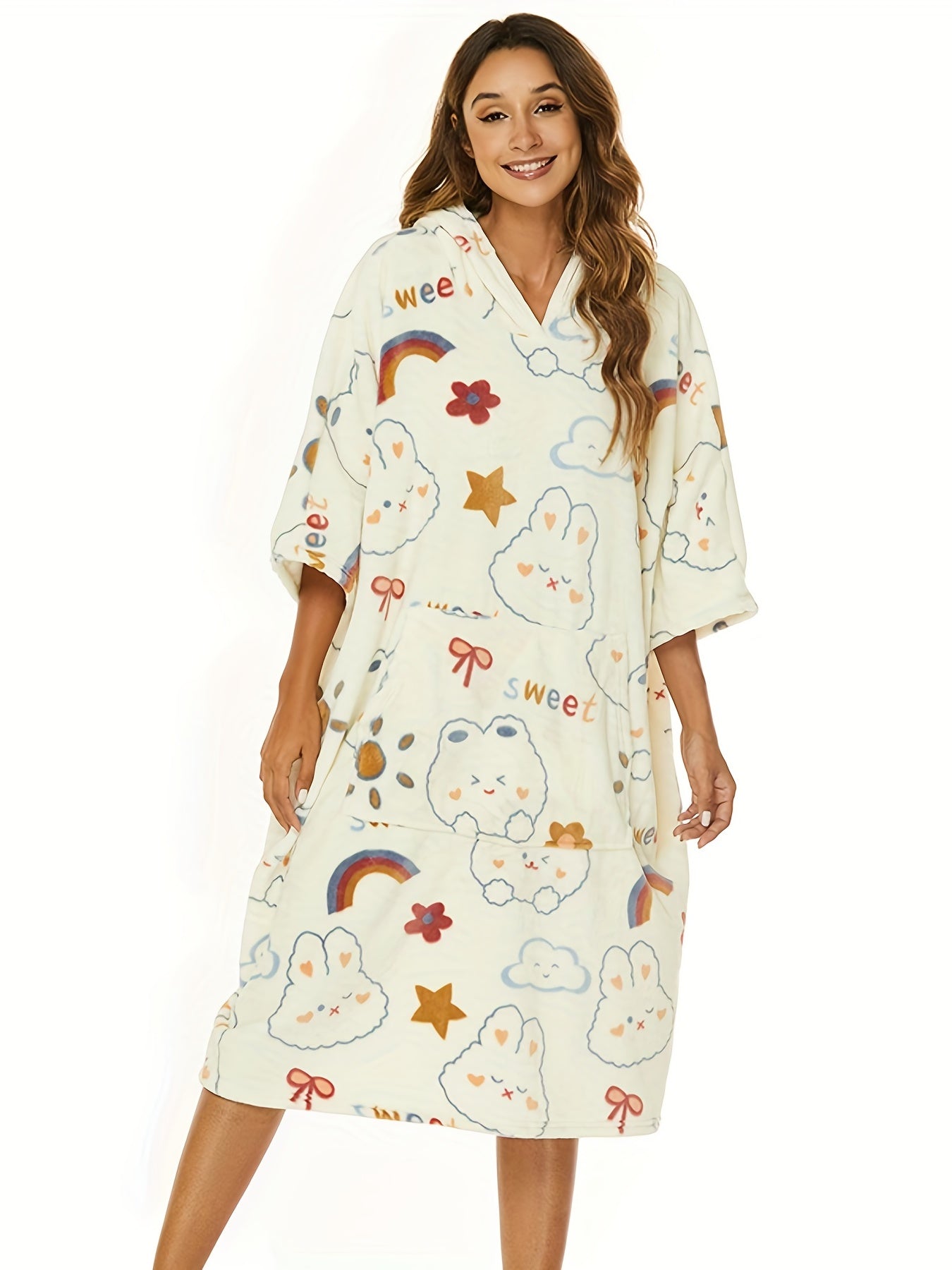  Clouds & Rainbow Print Hooded Loungewear Robe