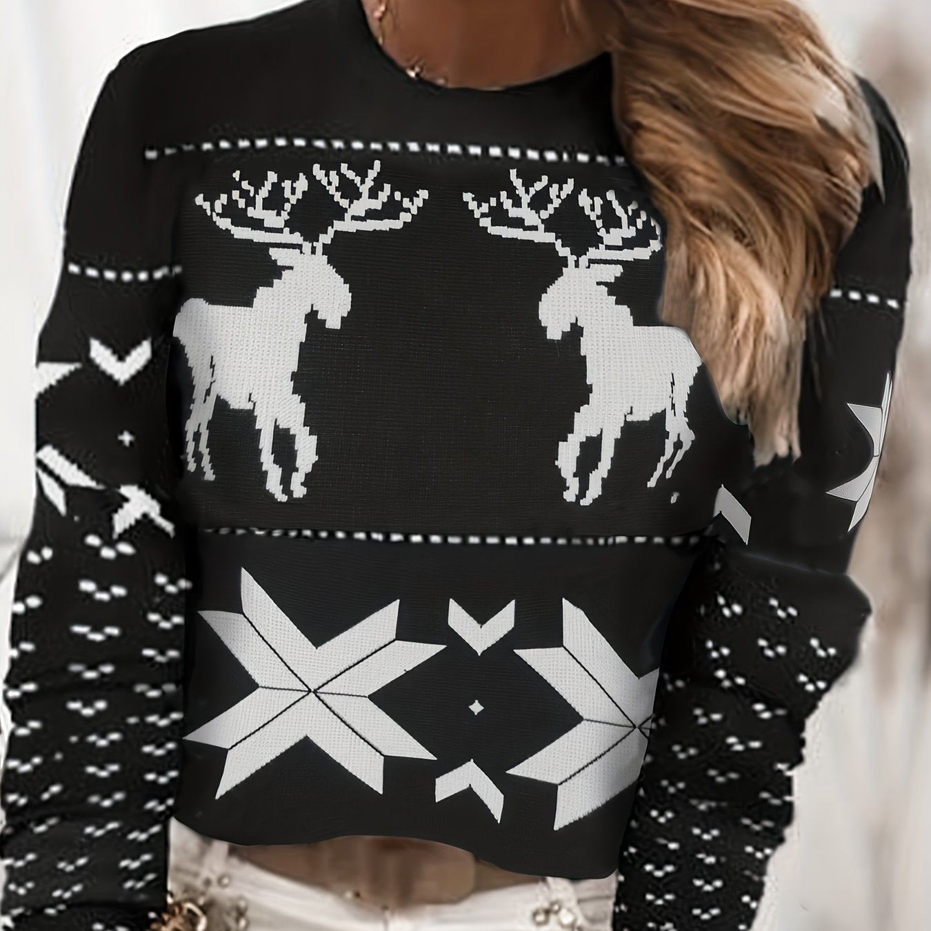  Christmas Reindeer & Geometric Print Long Sleeve Sweater