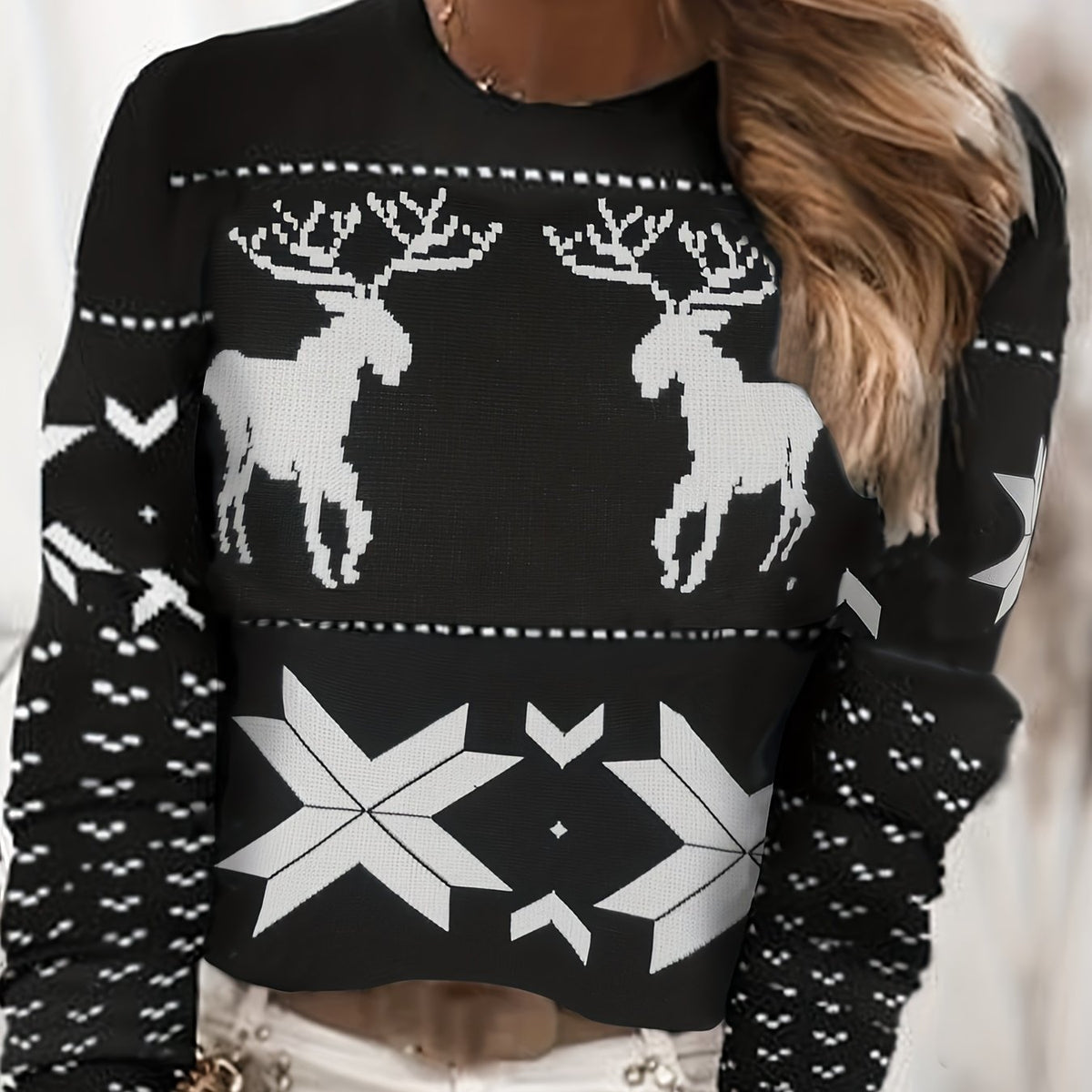  Christmas Reindeer & Geometric Print Long Sleeve Sweater