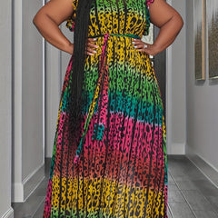  Leopard Print Ruffle Sleeve Maxi Dress with Belt