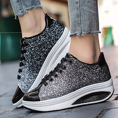 Women's Sequin Sparkly Wedge Lace Up Sneakers