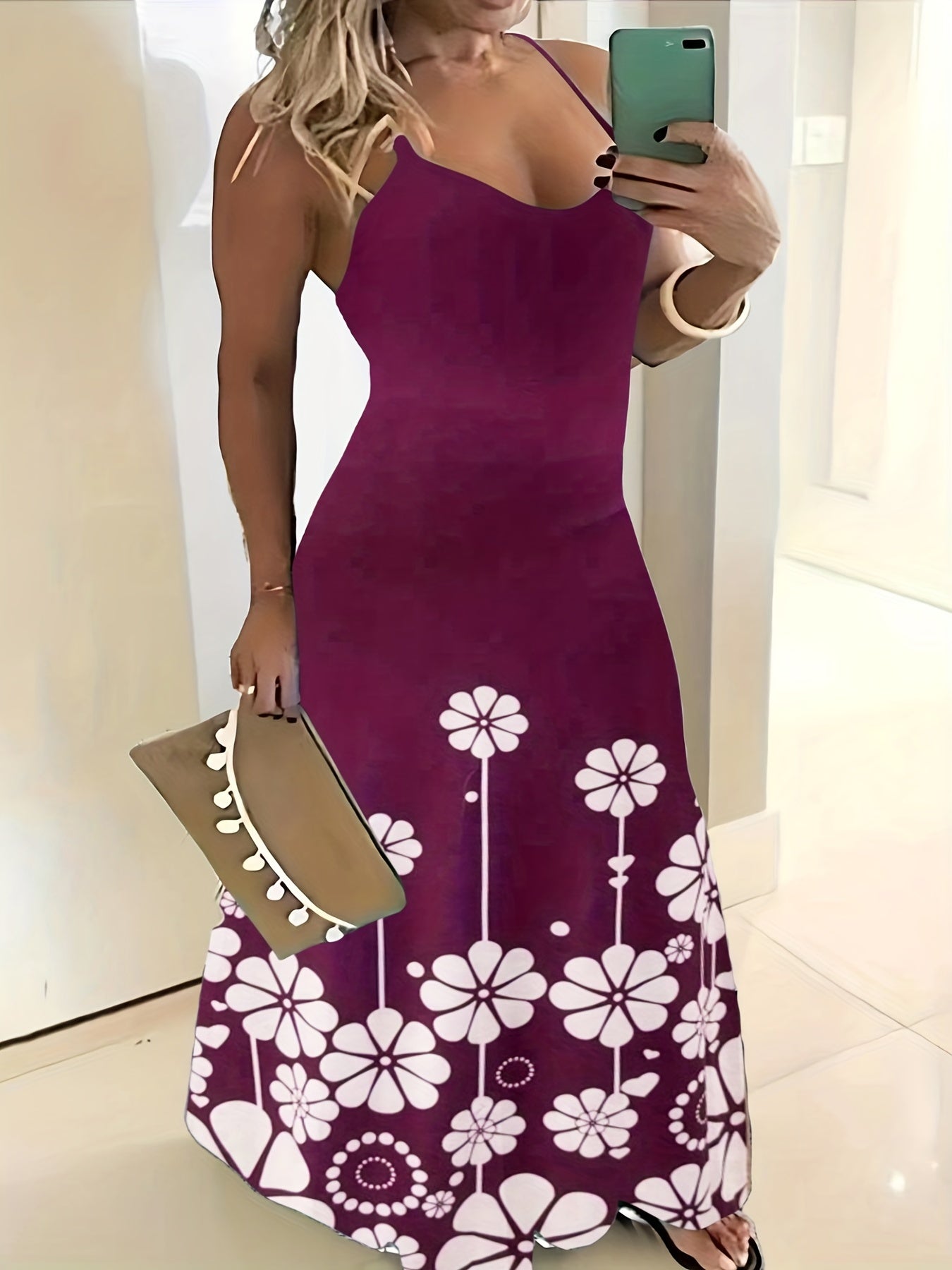  Floral Print V Neck Maxi Cami Dress