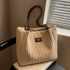 Stylish Corduroy Shoulder Bag for Women Zip Closure Fixed Strap