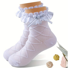 Cotton Lace Knit Crew Socks - 2 Pairs