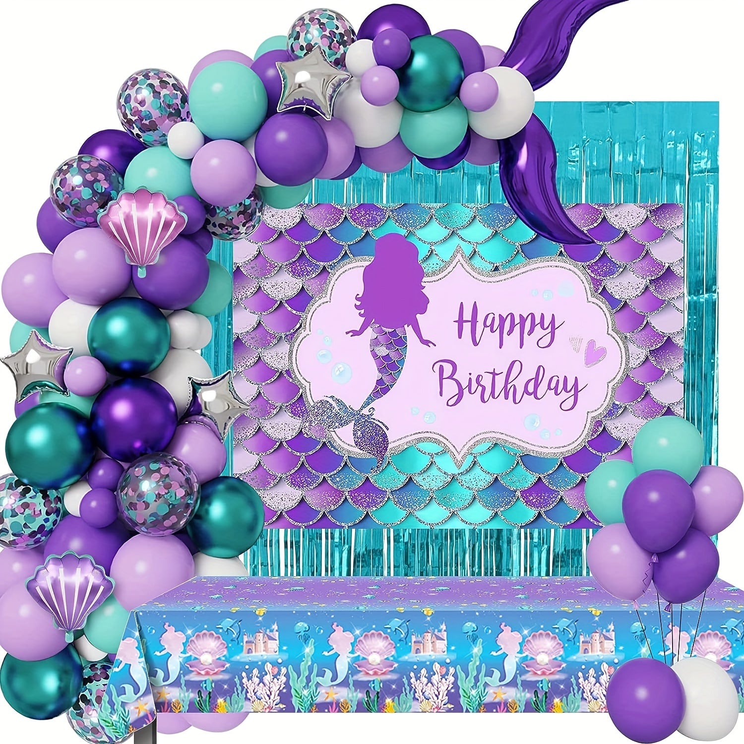 Mermaid Balloon Flower Ring Set with Purple & Green Puffer Balloons
